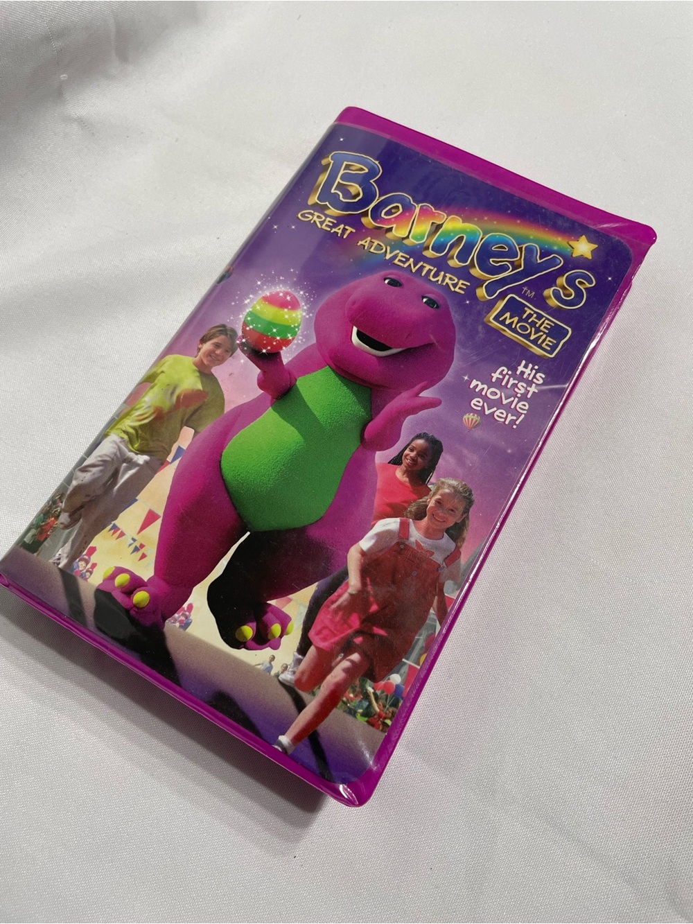 Barney's Great Adventure: The Movie VHS tape in a purple clamshell case GUC